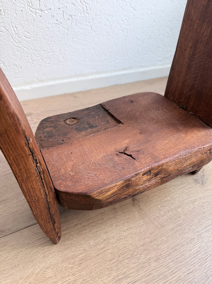 Vintage Brutalistische Sculpturale Kruk / Stoel – Massief Eiken (Wabi-Sabi, Jaren 70)