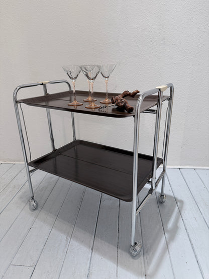 Vintage Seventies Inklapbare Serveerwagen – Brown & Chrome