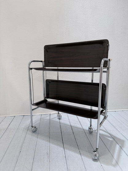 Vintage Seventies Inklapbare Serveerwagen – Brown & Chrome