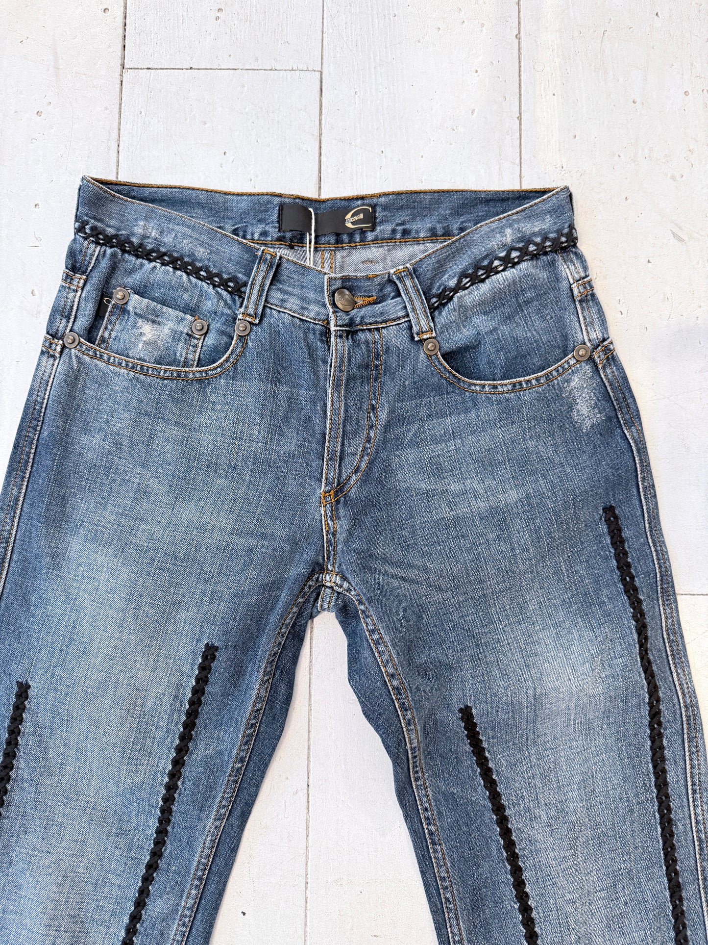 Vintage Just Cavalli Y2K Jeans – Designer Denim met Gevlochten Details