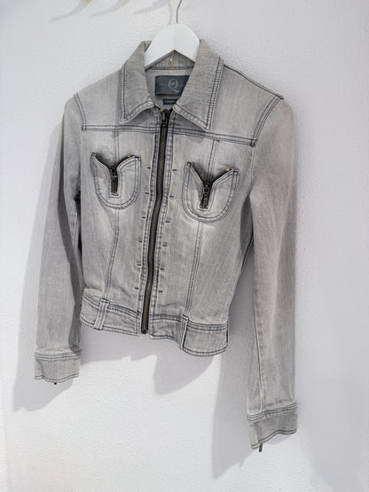 Archive McQ Alexander McQueen Grey Denim Jacket | Vintage Grijs Spijkerjasje met Ritsdetails - Maat S / IT 40