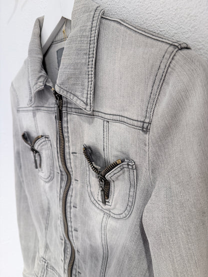 Archive McQ Alexander McQueen Grey Denim Jacket | Vintage Grijs Spijkerjasje met Ritsdetails - Maat S / IT 40