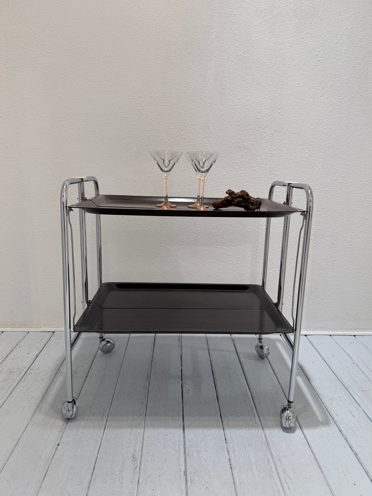 Vintage Seventies Inklapbare Serveerwagen – Brown & Chrome