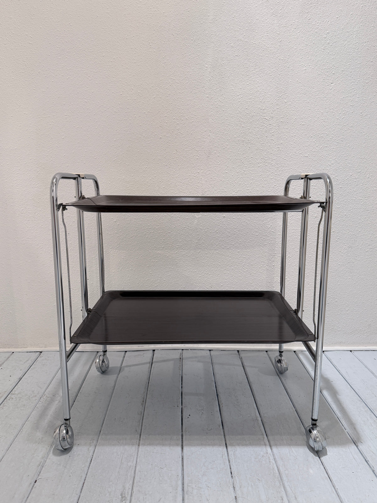 Vintage Seventies Inklapbare Serveerwagen – Brown & Chrome