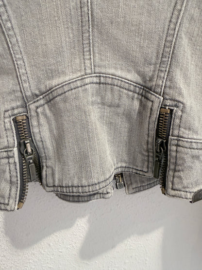 Archive McQ Alexander McQueen Grey Denim Jacket | Vintage Grijs Spijkerjasje met Ritsdetails - Maat S / IT 40