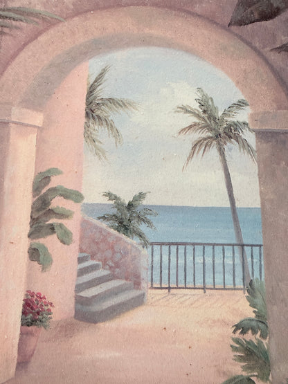 Groot Vintage Vivian Flasch Schilderij ‘Patio Archway I’ – Ingelijst