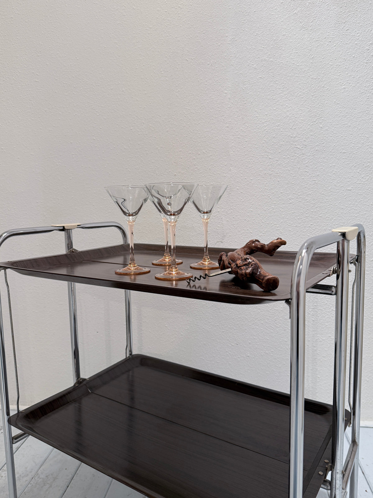 Vintage Seventies Inklapbare Serveerwagen – Brown & Chrome